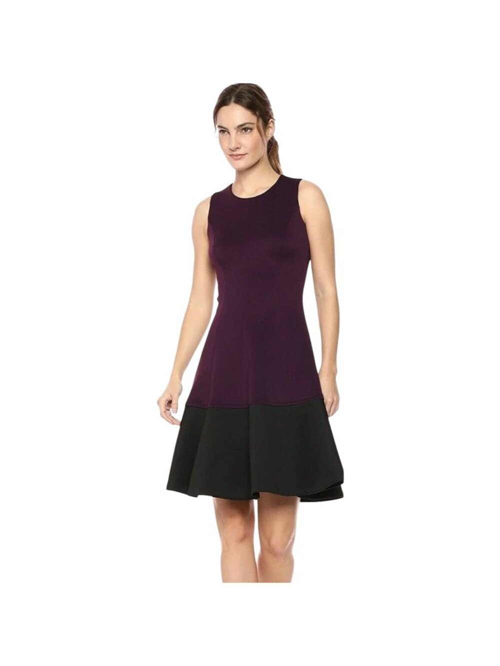 Calvin Klein Aubergine/Black Stretch Ponte Colorblock A-Line Dress Size 14